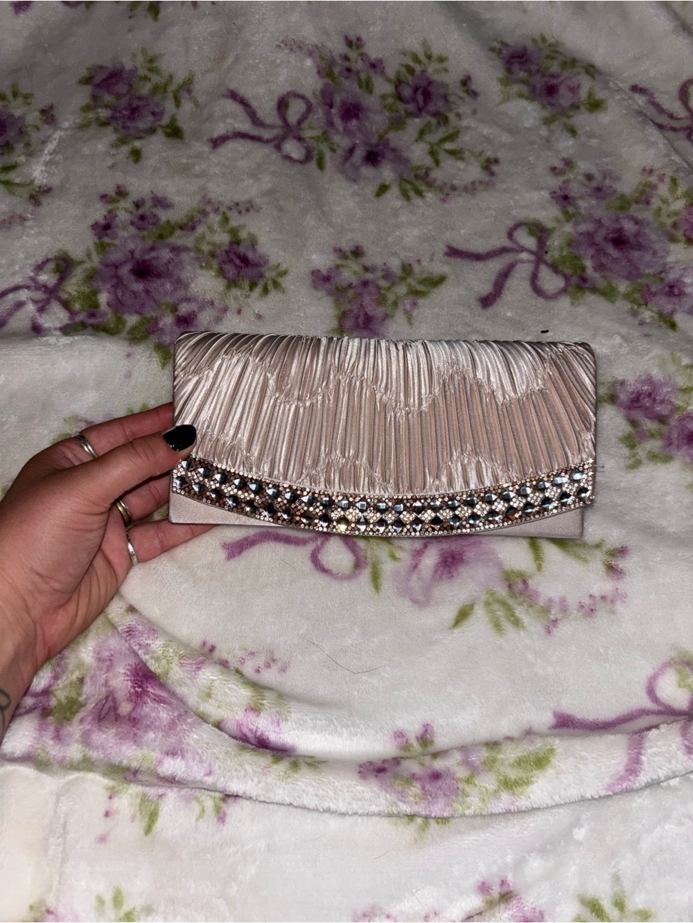 Beaded Pleated Satin Clutch in Blush Pink
